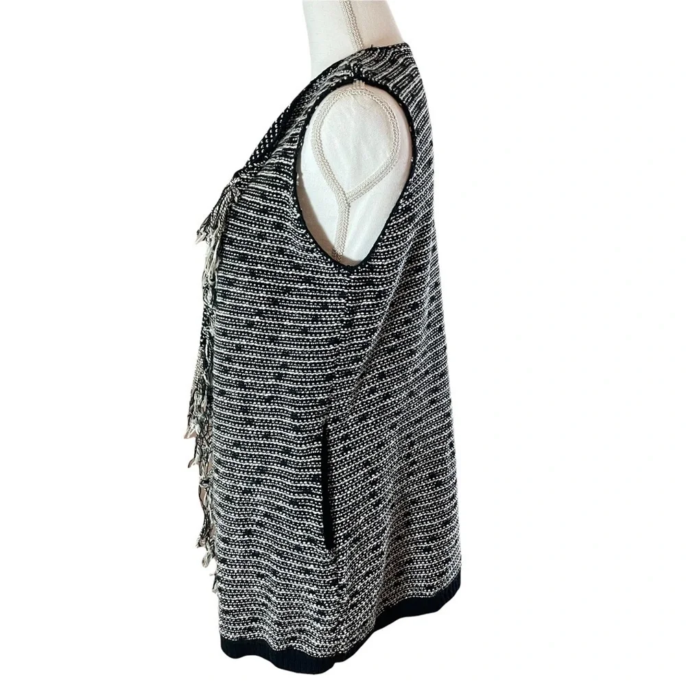 Lysse Fringe Long Cardigan Black & White Sweater Duster Vest with Pockets-S/M